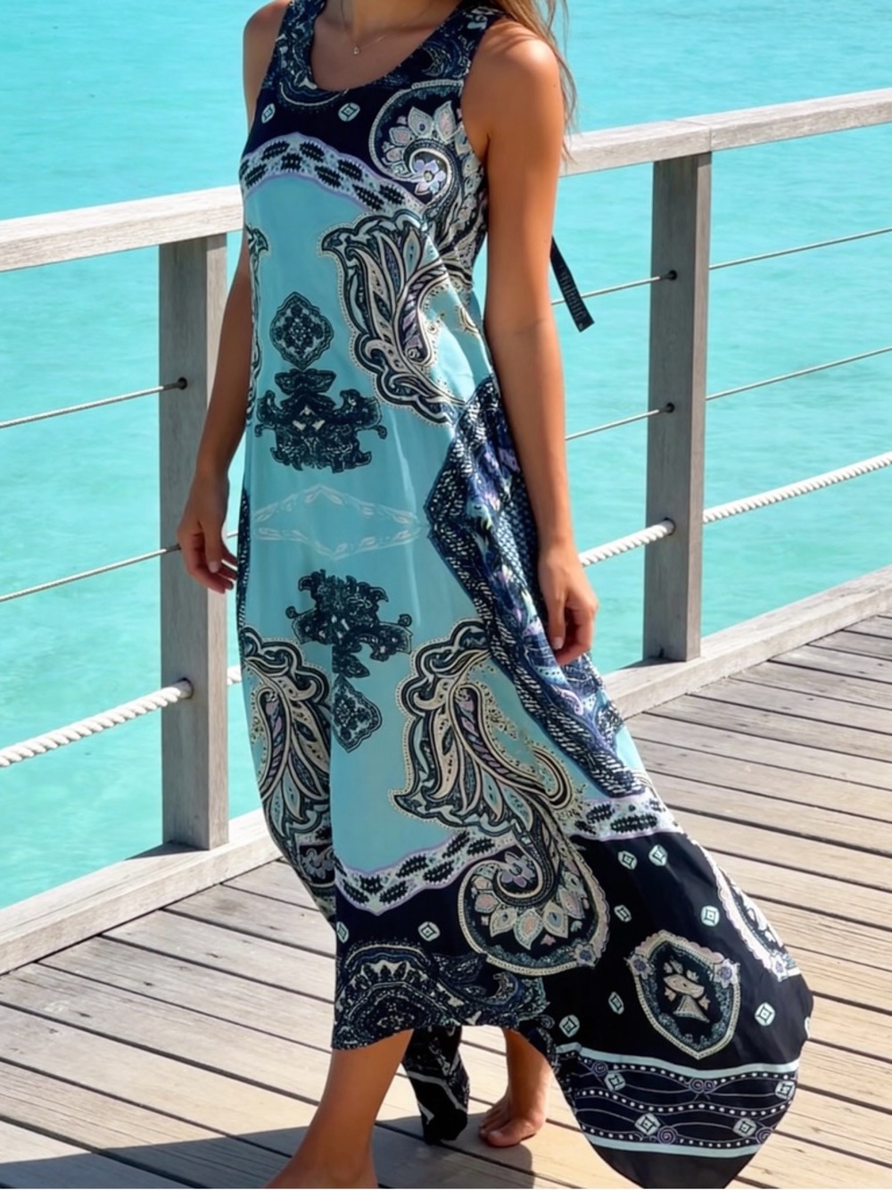 Mt Collections Sleeveless Dress Teal Multicolor Handkerchief Hem Sz L NWT